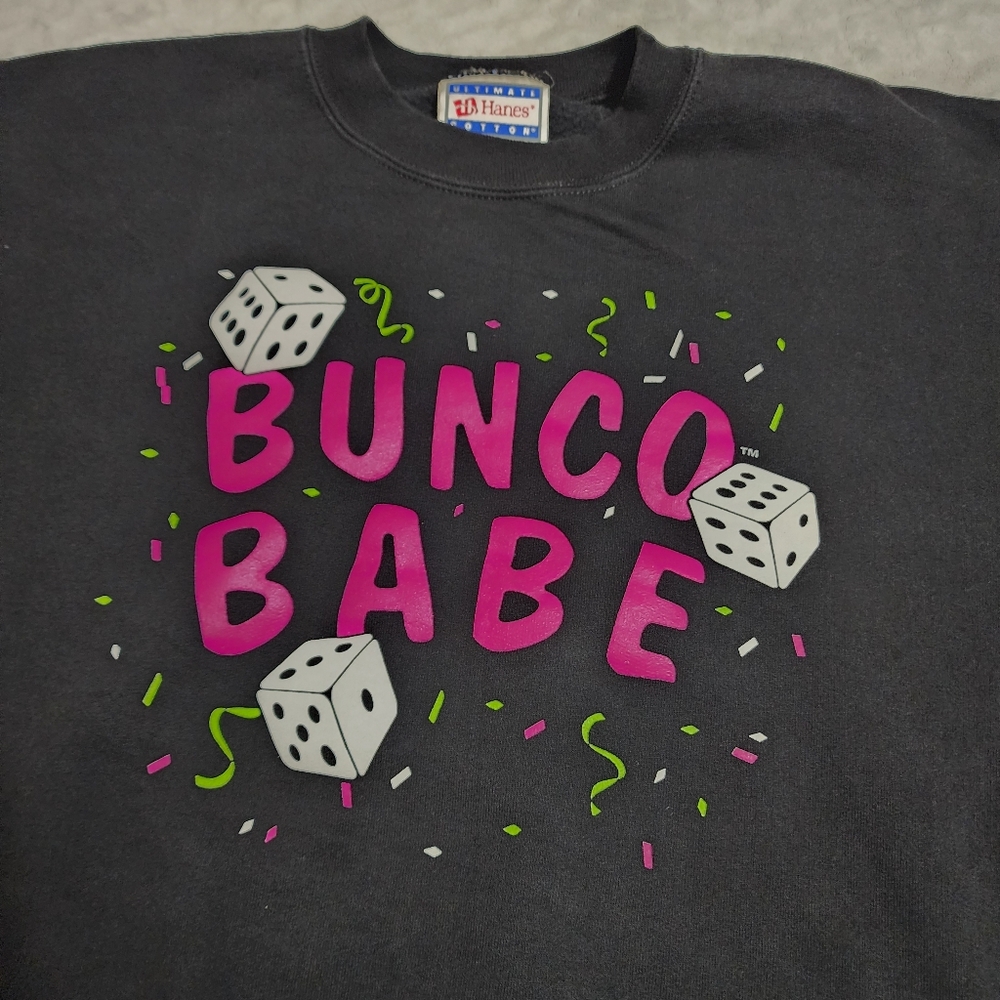 Vintage Bunco Babe Games Pullover Sweatshirt Size L Black Graphic - Picture 3 of 9